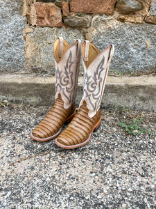 Anderson Bean Women's Macie Bean Antique Saddle Caiman Print and Bone Wide Square Toe Cowboy Boots