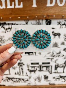 Round Turquoise Cluster Earrings - Dark Teal