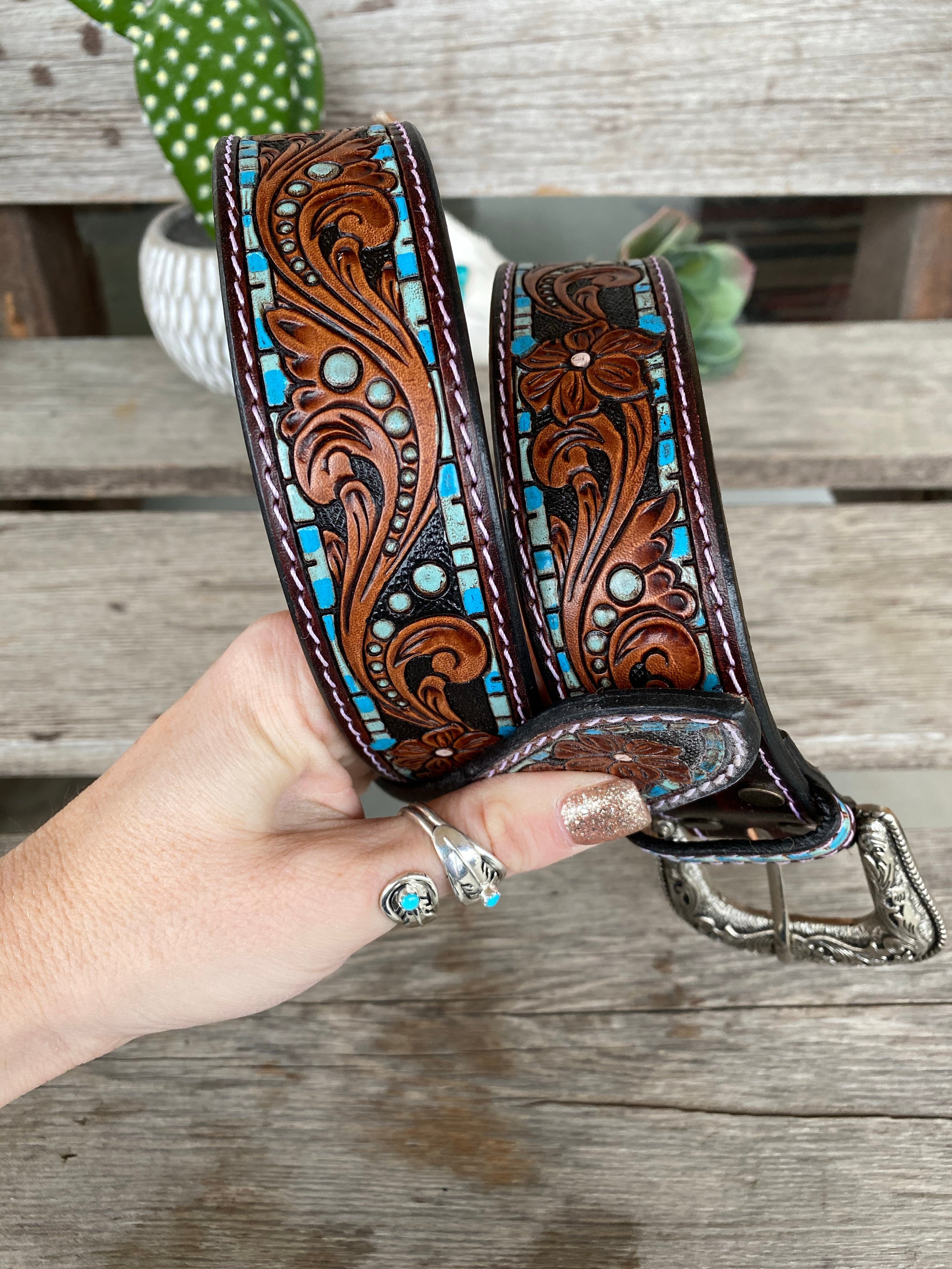 The Tammy Leather Belt - Turquoise Floral
