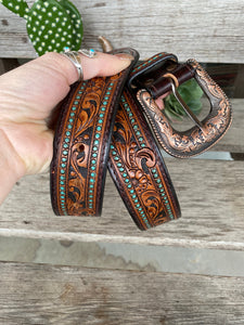 The Tammy Leather Belt - Teal Paisley