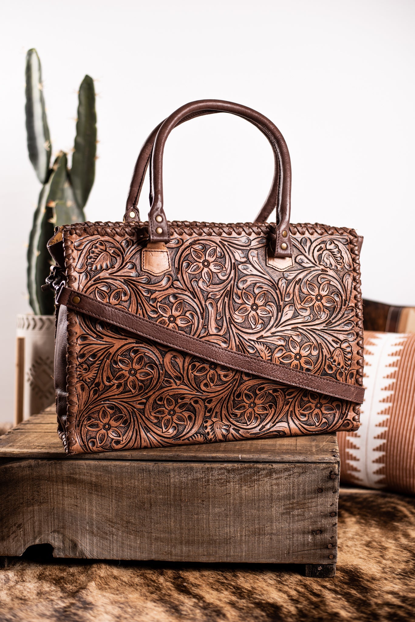 The Barbosa Floral Tooled Tote - Light Brown